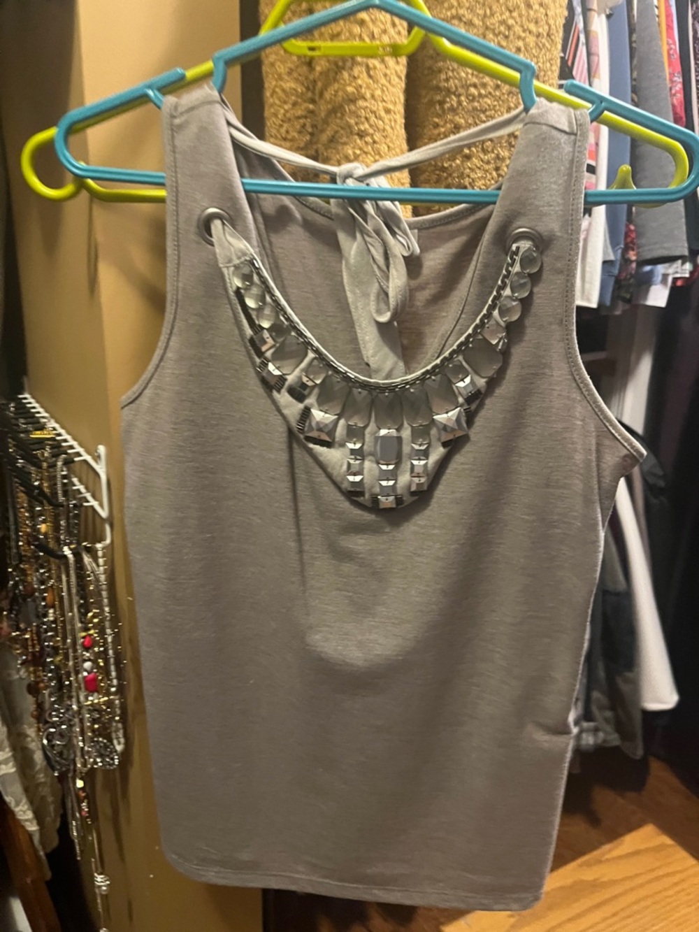 SPANNER Gray Embellished Tank Top with Back Tie